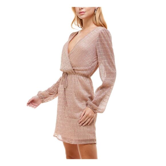 EMERALD SUNDAE Womens Long Sleeve Surplice Neckline Mini Party A-Line Dress - Picture 3 of 4